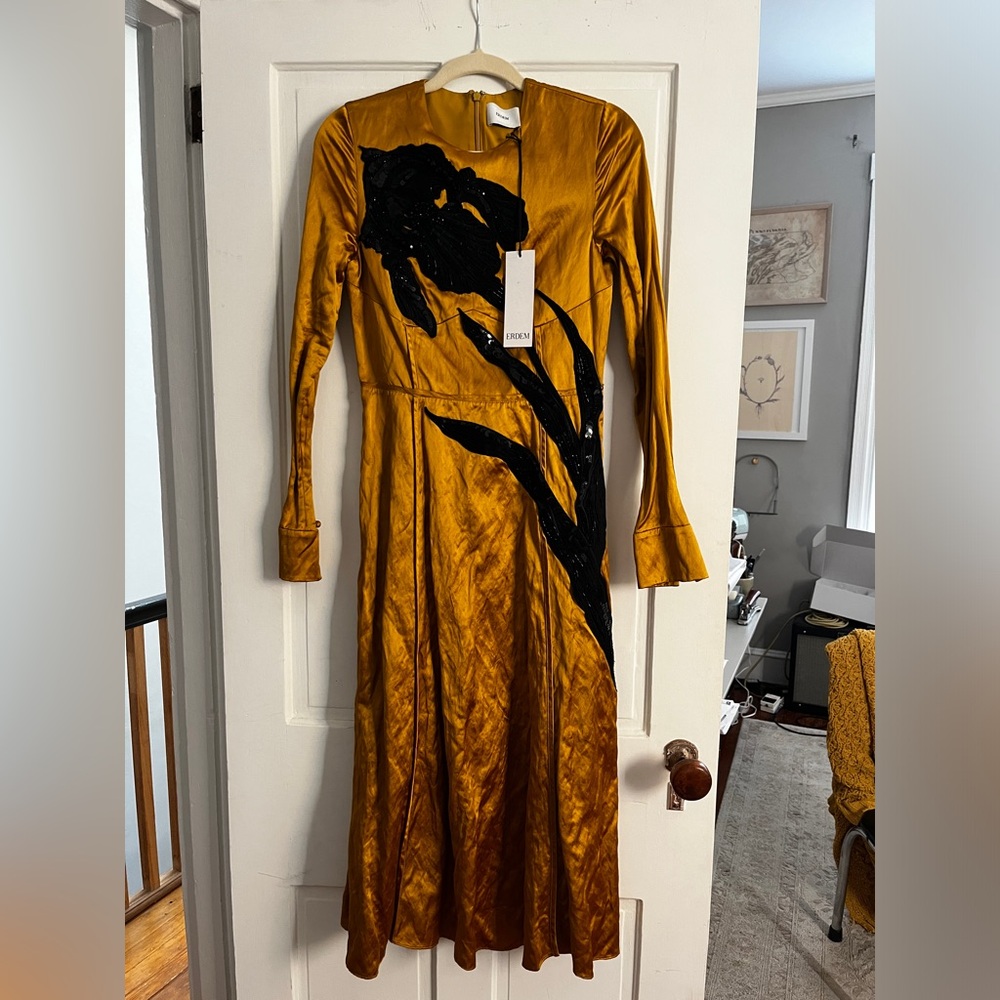 Erdem Gold Textured Satin Midi Dress AW23 - Picture 3 of 5